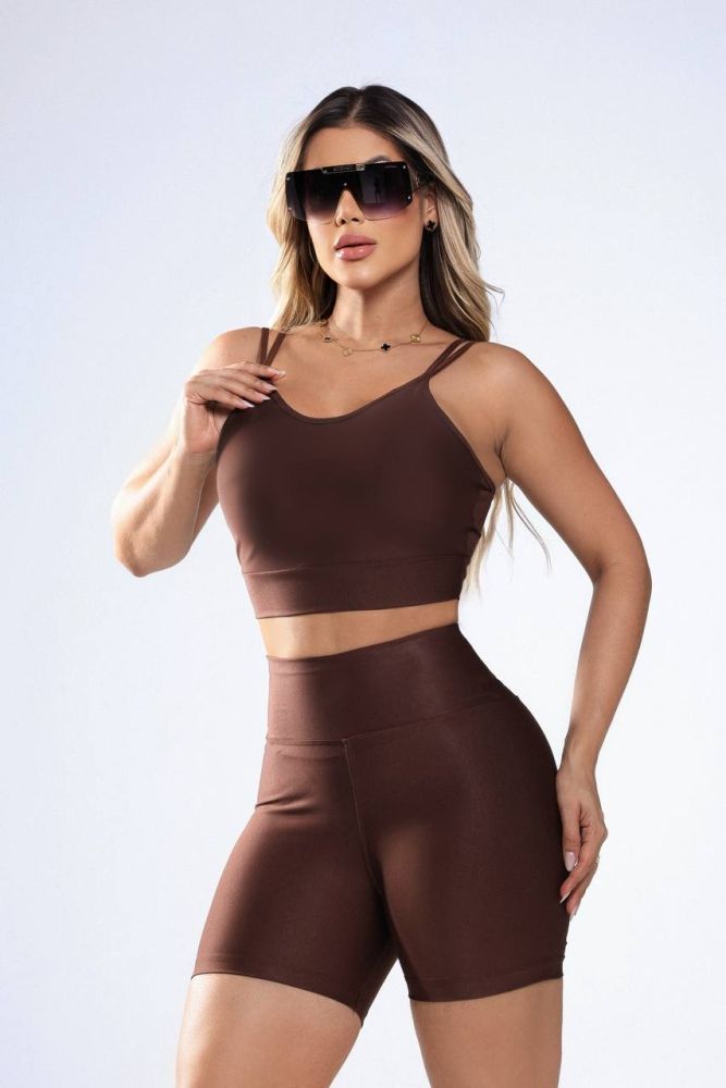 Conjunto Top Short Liso Marrom